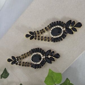 Statement Black and Gold Crystal Rhinestone Chandelier Earrings